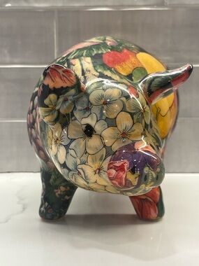 Cheerful VTG 1970s Decoupage Pig Statue Patchwork Flowers Colorful Piggy